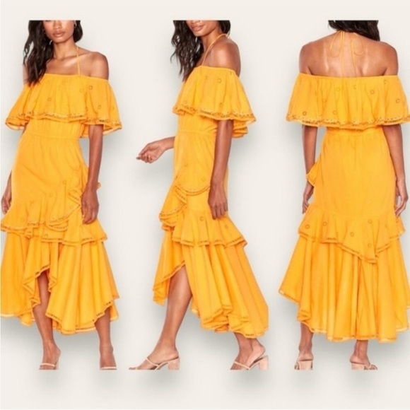 MISA Los Angeles Bethina Eyelet Off Shoulder Ruffled Dress Marigold Yellow XS - Picture 12 of 13